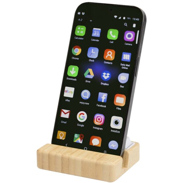Soporte para teléfono de plástico reciclado con juguete y detalles de bambú "Algol" - Imagen 2
