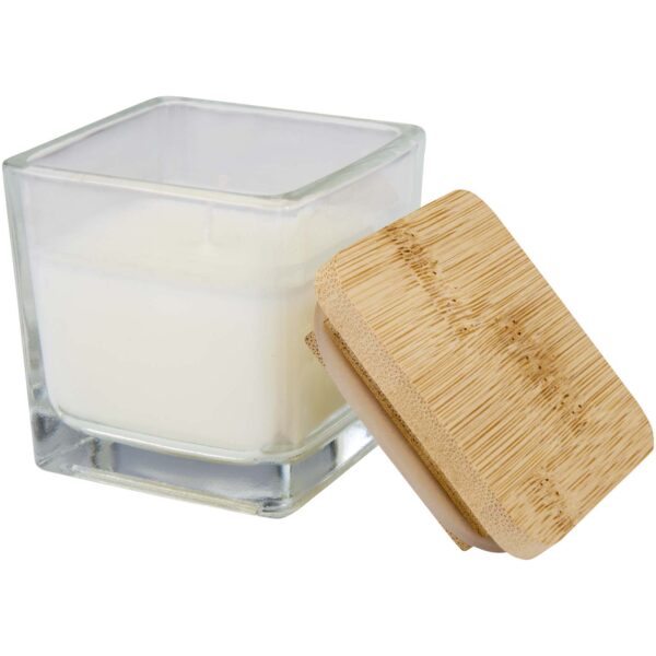 Vela cuadrada en soporte de vidrio con tapa de bambú "Ambra" - Imagen 2