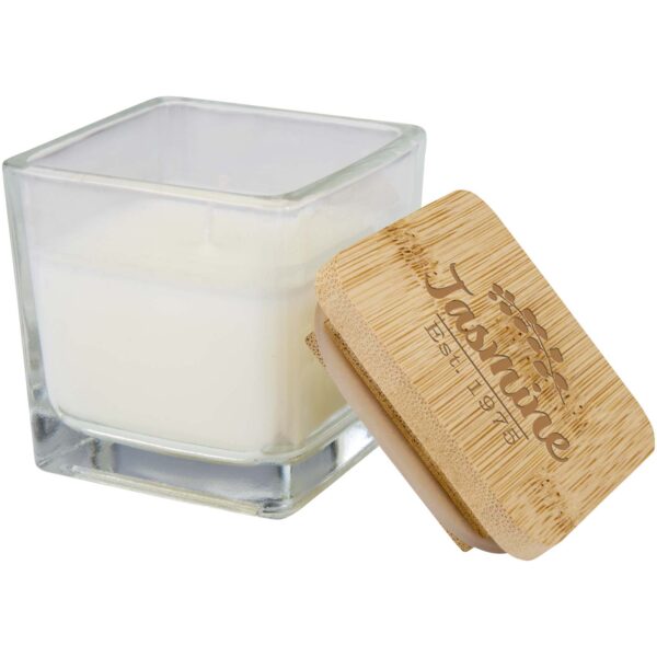 Vela cuadrada en soporte de vidrio con tapa de bambú "Ambra" - Imagen 3