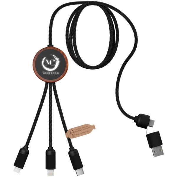 Cable de carga de 40 W 5 en 1 de PET reciclado con logo retroiluminado y estuche redondo de madera "SCX.design C37" - Imagen 3