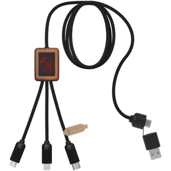 Cable de carga de 40 W 5 en 1 de PET reciclado con logo retroiluminado y estuche cuadrado de madera "SCX.design C38"